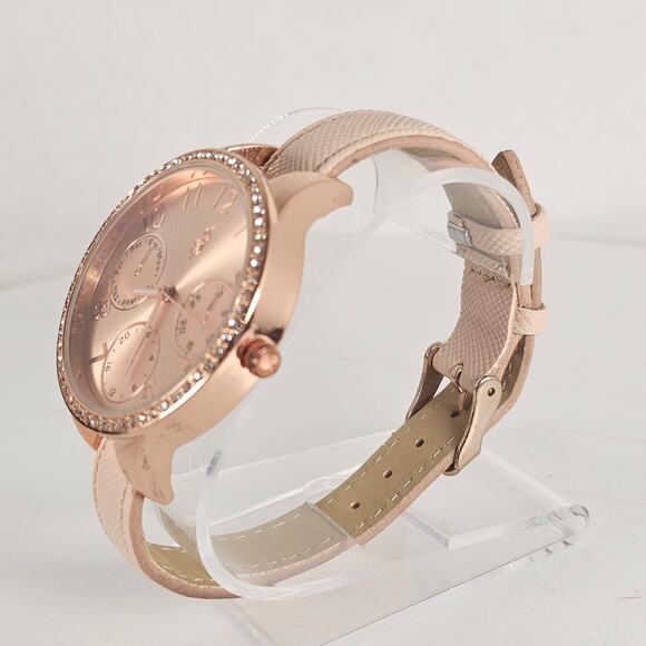 Women's JS Quartz Watch Rose Gold Dial Crystal Bezel Faux Leather Band 38mm - Picture 13 of 13